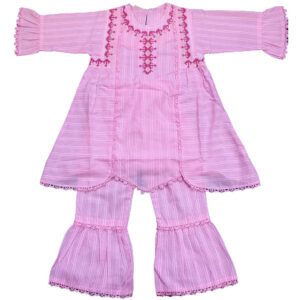 Pink linning embroided frock with trouser