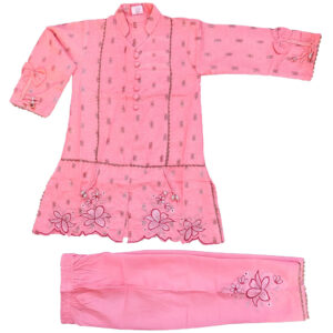 Pink Embroided self print Kurta with Trouser