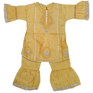 Mustard Embroided self print frock with trouser