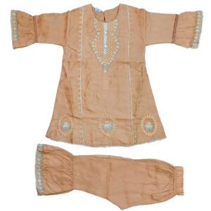 Orange Peach Embroided self print frock with trouser