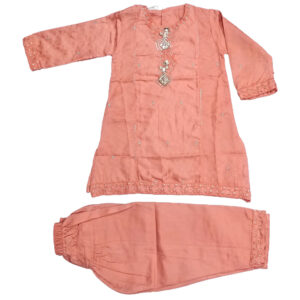 Pink Peach Embroided self print A-line shirt with shalwar